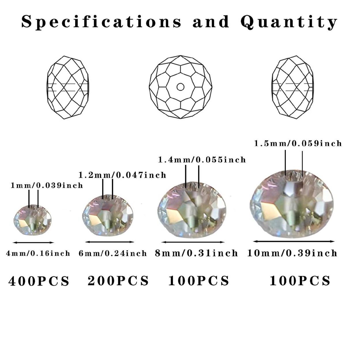 Cart In Mart 800PCS Crystal Glass Beads for Jewelry Making 4mm, 6mm, 8mm & 10mm Faceted