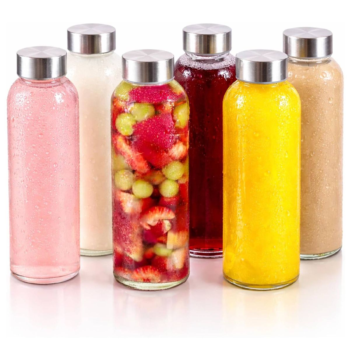 Cart In Mart 6Pack 530ml Glass Juice Bottles with Stainless Steel Airtight Lids BPA-Free