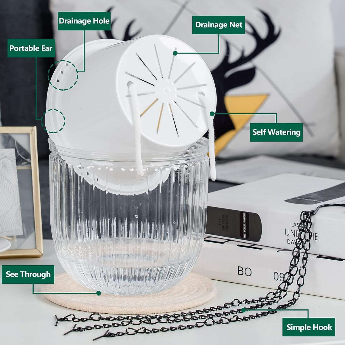 2 Pack Hanging Planters Flower Pots Indoor Outdoor- Clear Self Watering
