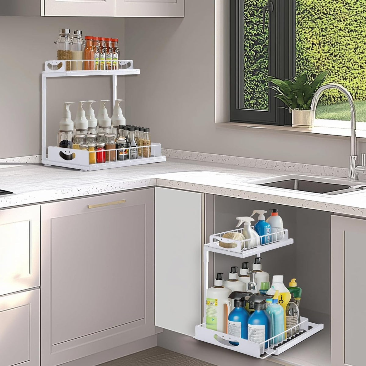 Cart In Mart 2-Pack Under Sink Organiser Kitchen Bathroom Pull Out Storage Shelves-White