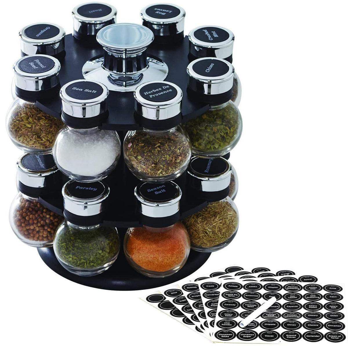 Cart In Mart Orbit Rotating Spice Rack Organiser With 16 Shaker Top Jars ,Labels, Marker