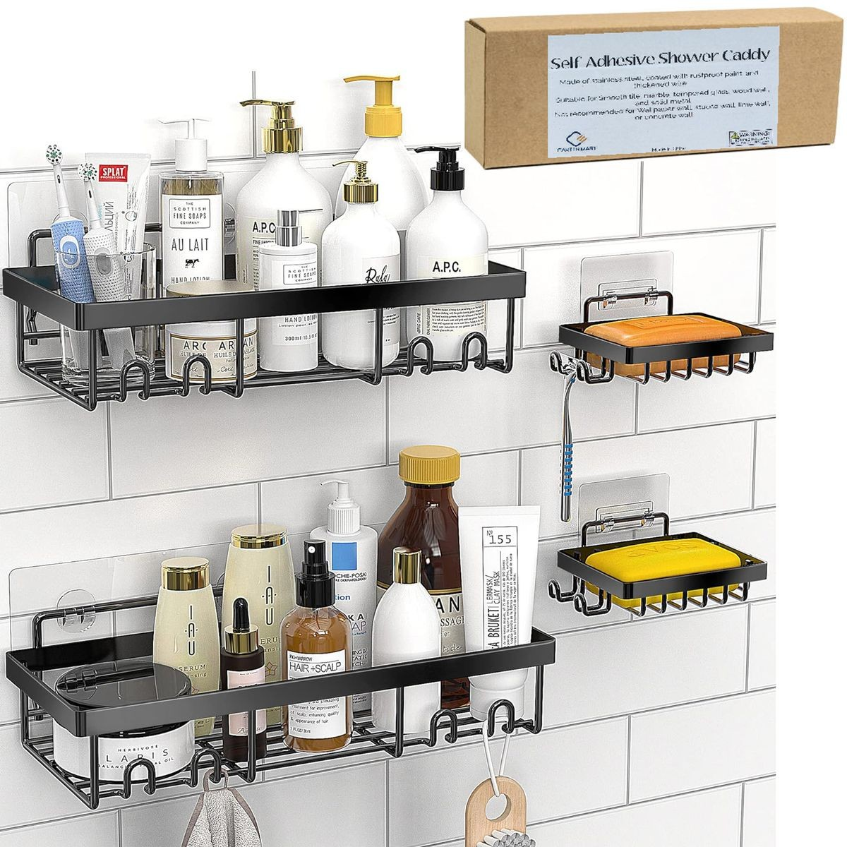Cart In Mart Adhesive Shower Caddy No Drill Organiser with 2 Soap Holder, Hooks - 6 Piece