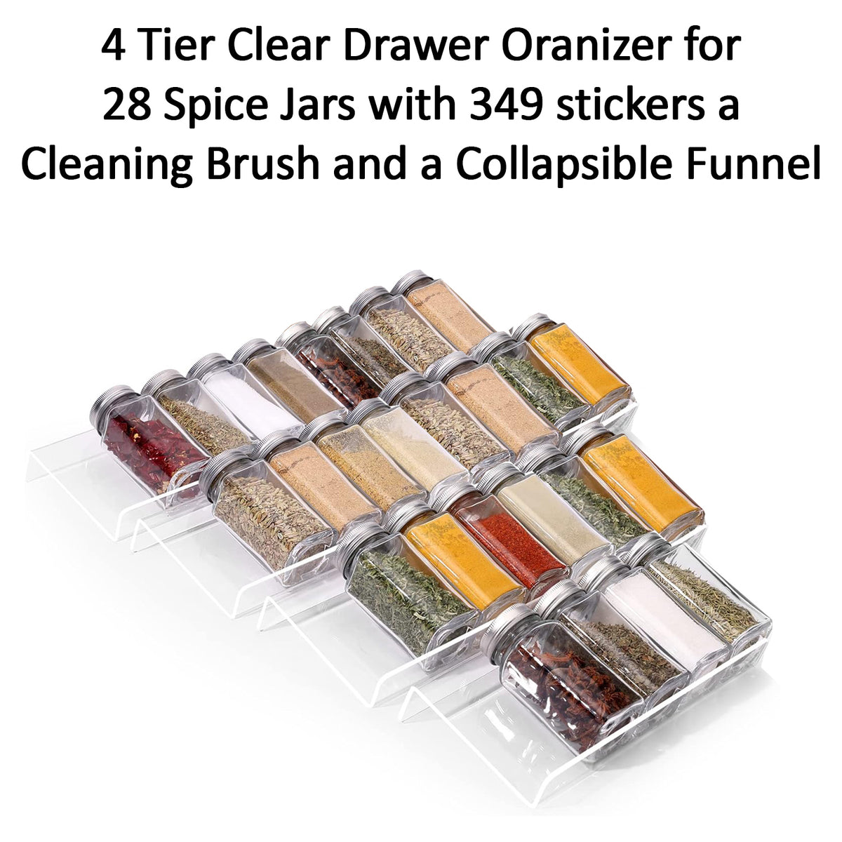 Cart In Mart 4 Tier Clear Acrylic Drawer Spice Rack Organiser With 28 Containers,Labels