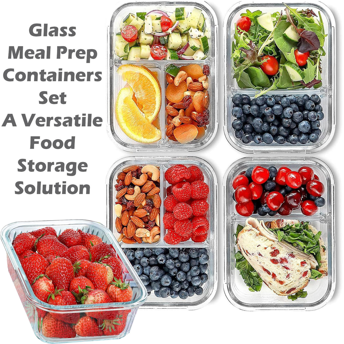 Cart In Mart 5 Pack Split Compartment Clear Airtight Glass Meal Prep Food Container- 1L