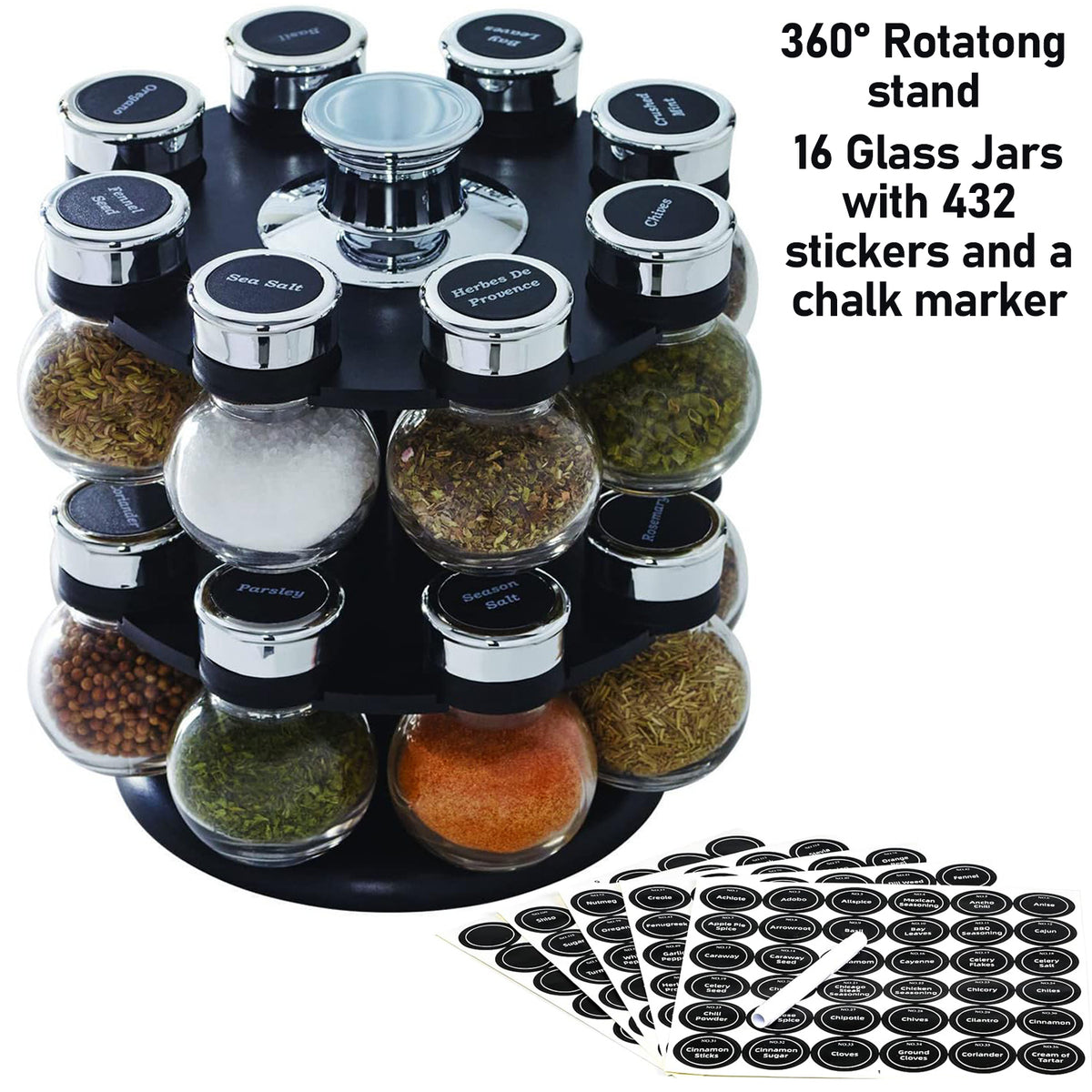 Cart In Mart Orbit Rotating Spice Rack Organiser With 16 Shaker Top Jars ,Labels, Marker