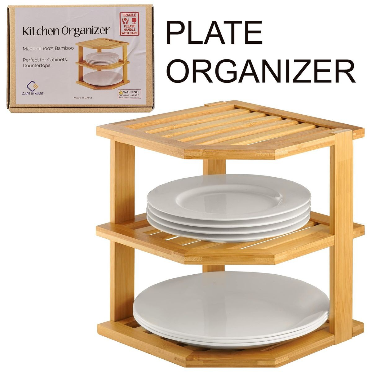 Cart In Mart 3 Tier-Bamboo Corner Shelf Plate Organizer For Kitchen and Bathroom Storage