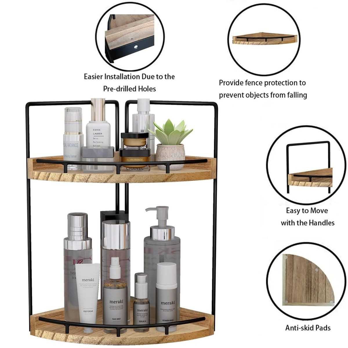 Cart In Mart 2-Tier Vanity Bathroom Counter Corner Shelf Organiser Kitchen Storage-Wood