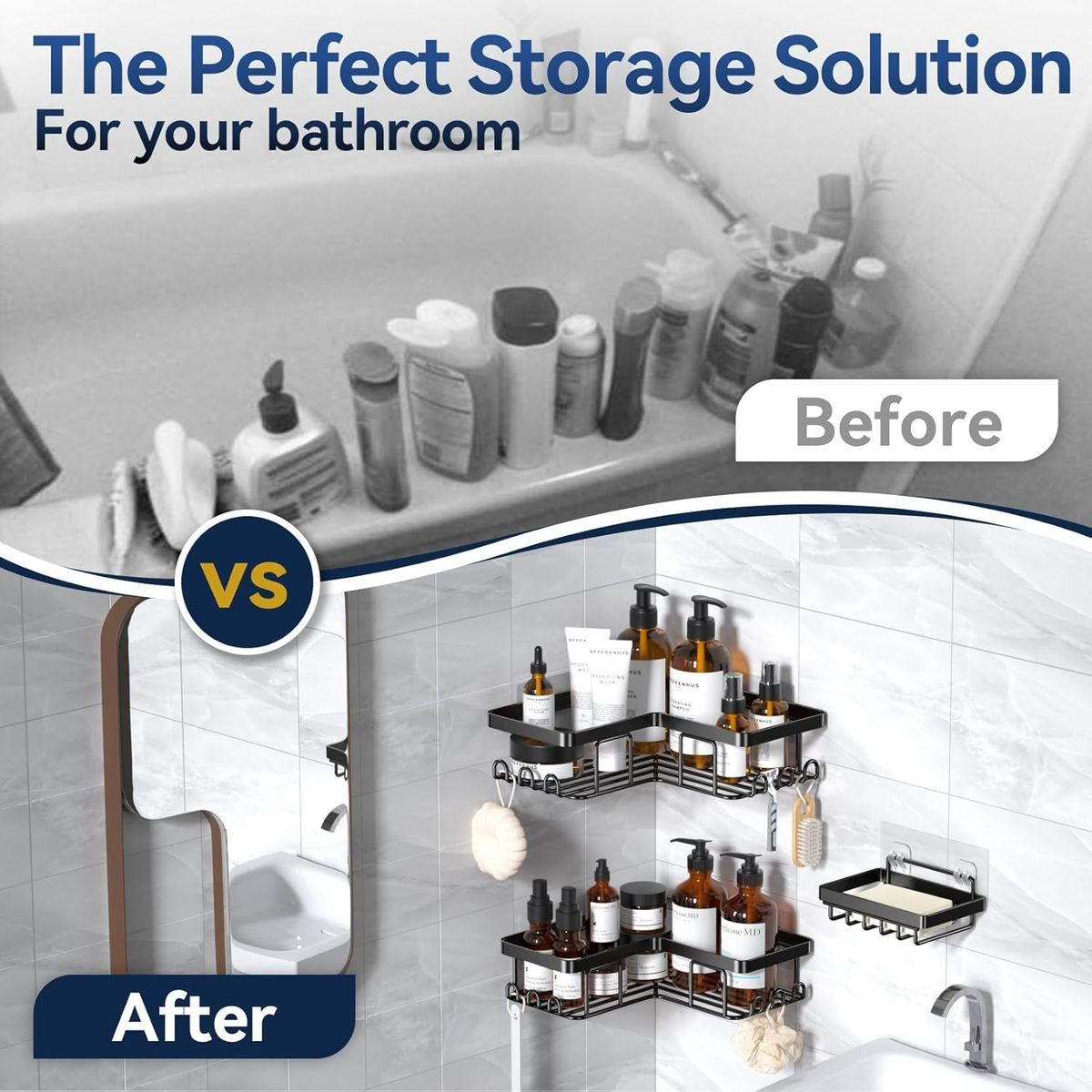 Cart In Mart Corner Adhesive Shower Caddy No Drill Organiser With 2 Soap Holder, Hooks