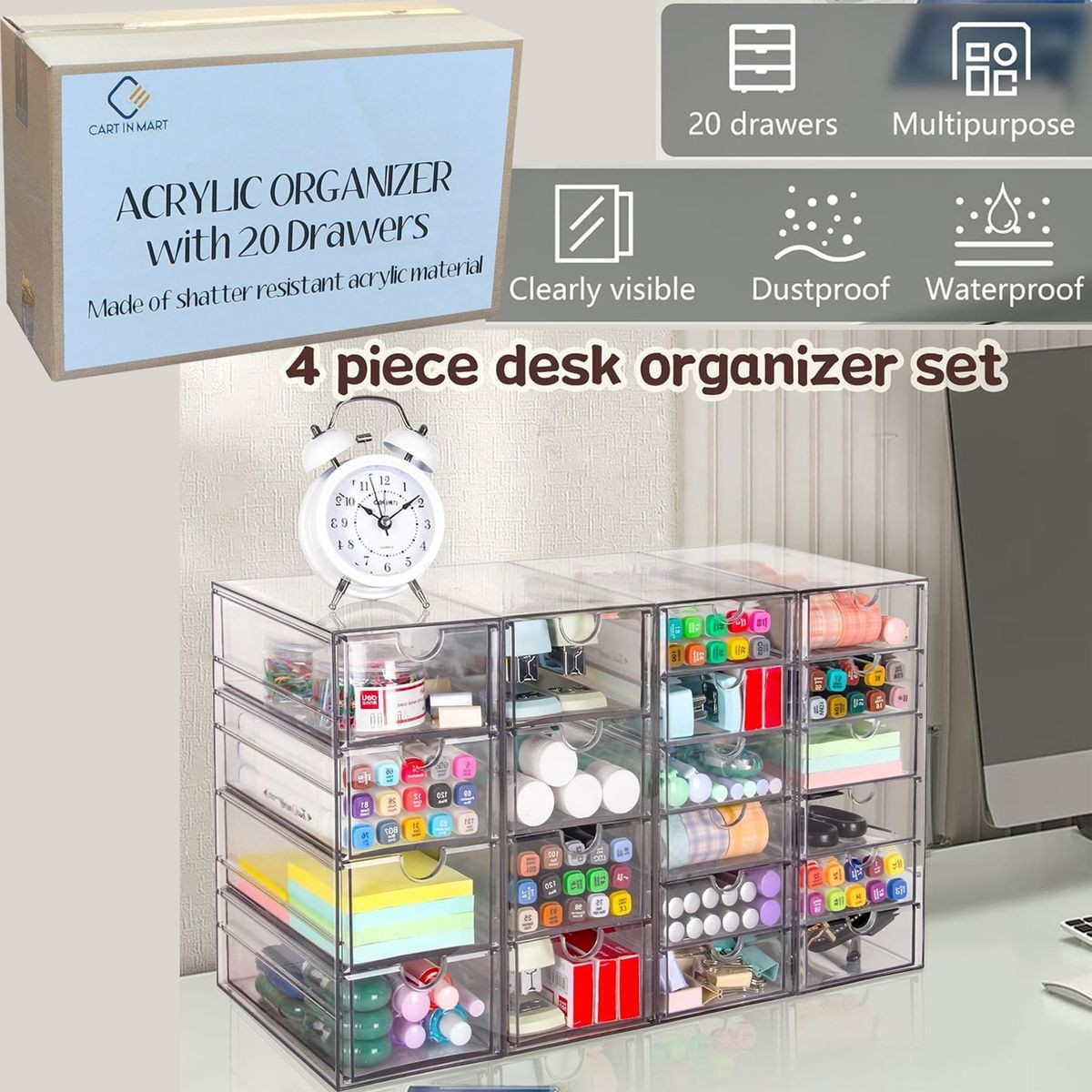 Cart In Mart 20 Drawer - 4 Sets Clear Makeup Organizers Multipurpose Stackable Storage