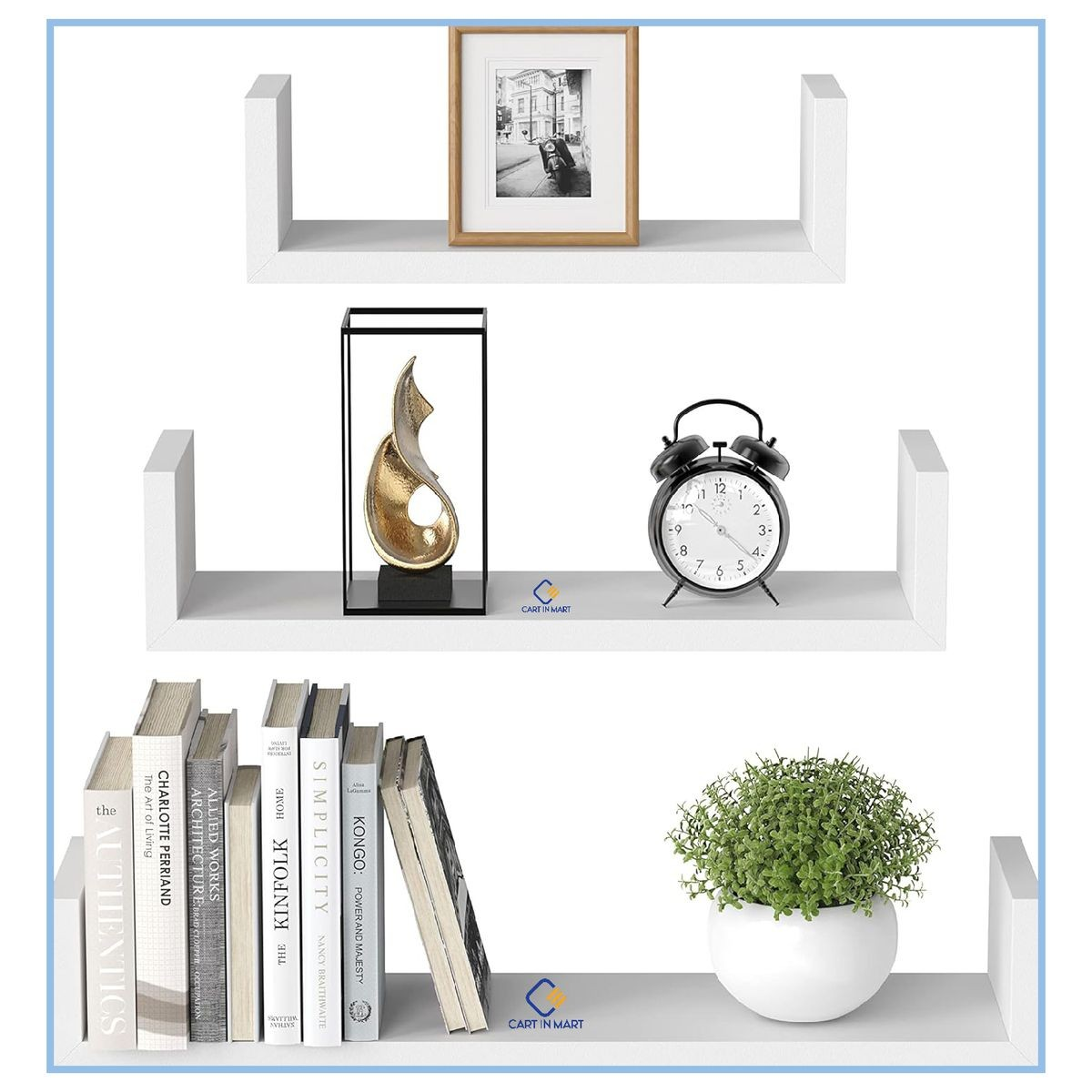 Cart In Mart 3 Piece U shape Wooden Floating Shelves For Bedroom Bathroom Wall Décor White