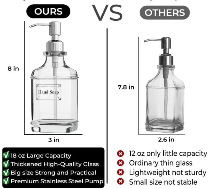 Cart In Mart 2 Pack Glass Soap Dispenser Clear Antique Design Silver Steel Pump & Labels