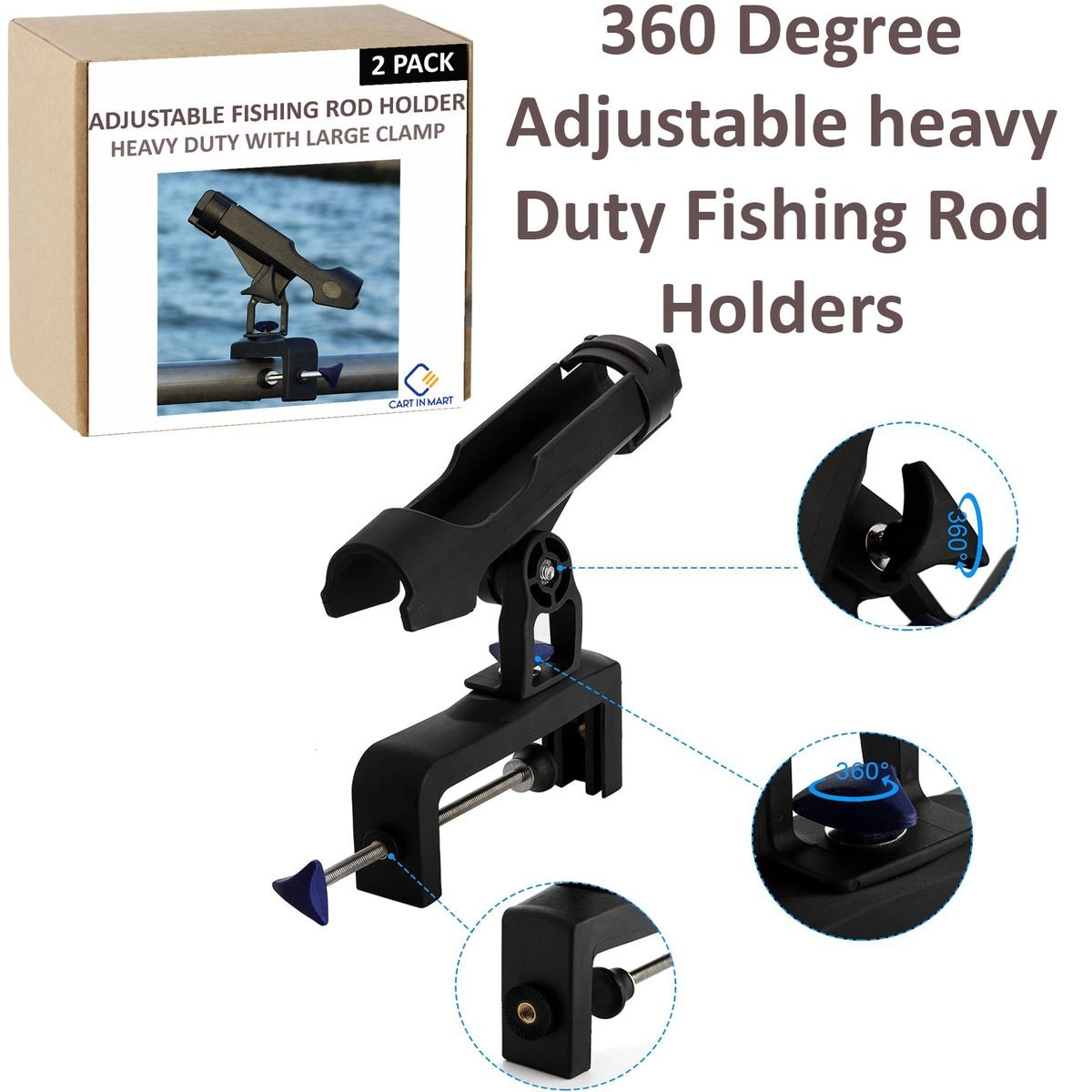 Cart In Mart 2 Pack Boat Fishing Rod Holders 360 Adjustable With Large Clamp Opening