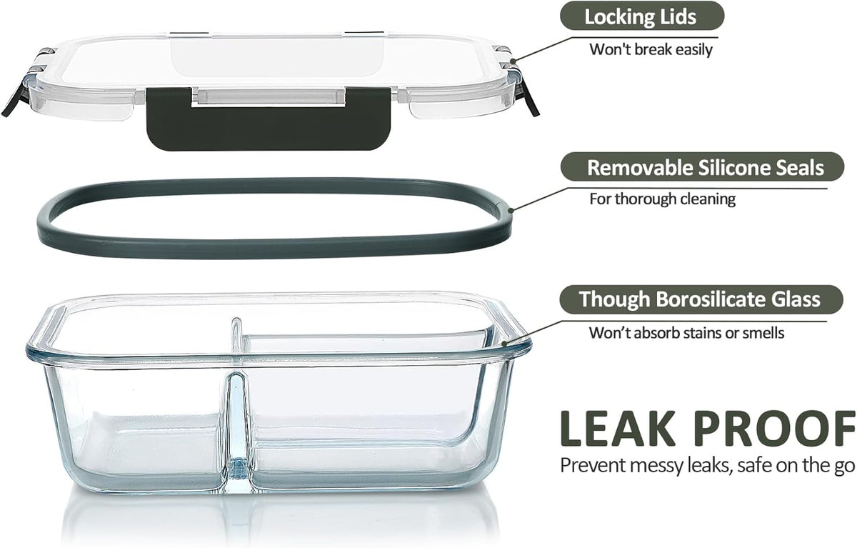 Cart In Mart 5 Pack Split Compartment Clear Airtight Glass Meal Prep Food Container- 1L