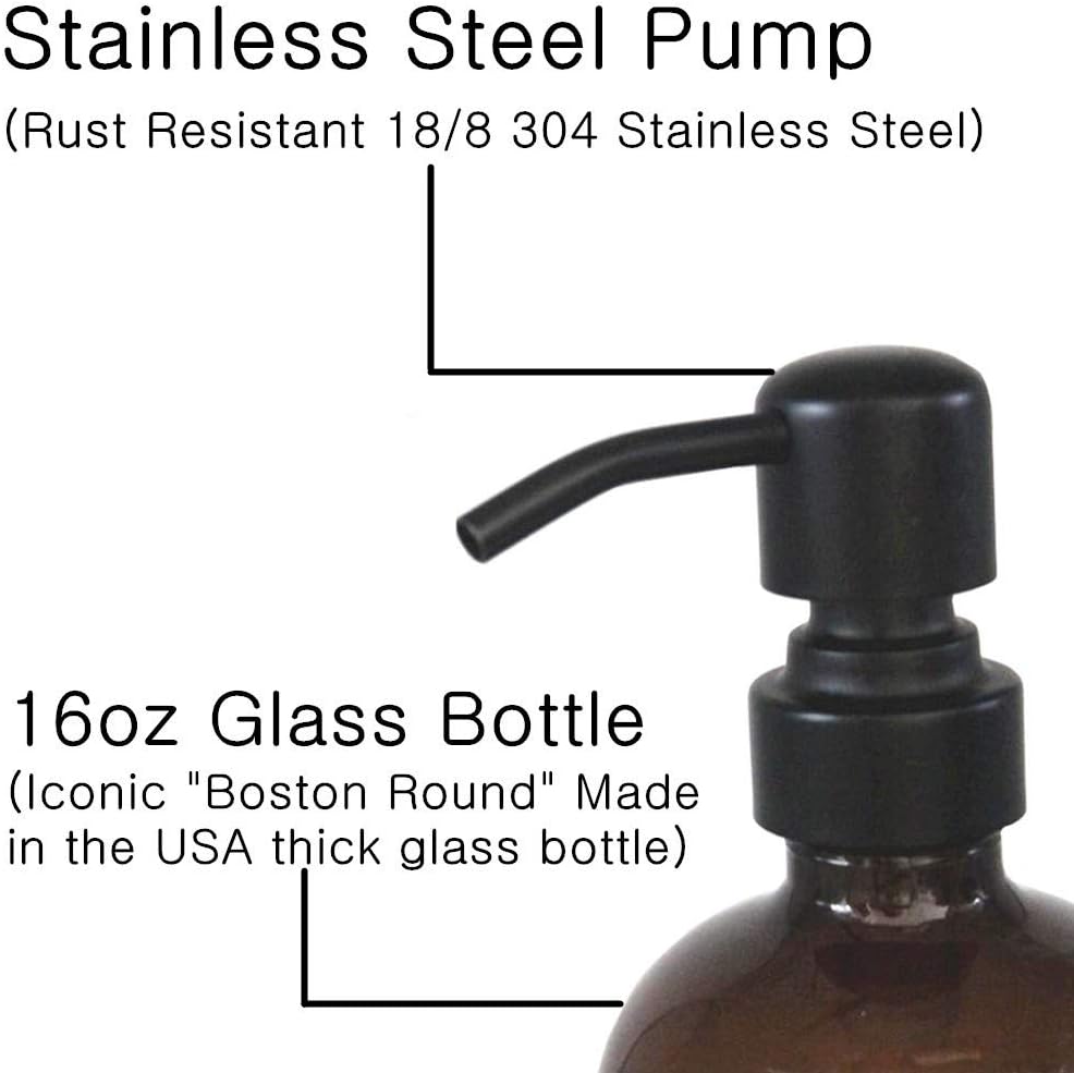 Cart In Mart 2 Pack Glass Soap Dispenser Amber Refillable Stainless Steel Pump & Labels