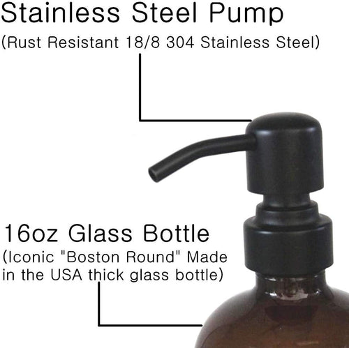 Cart In Mart 2 Pack Glass Soap Dispenser Amber Refillable Stainless Steel Pump & Labels