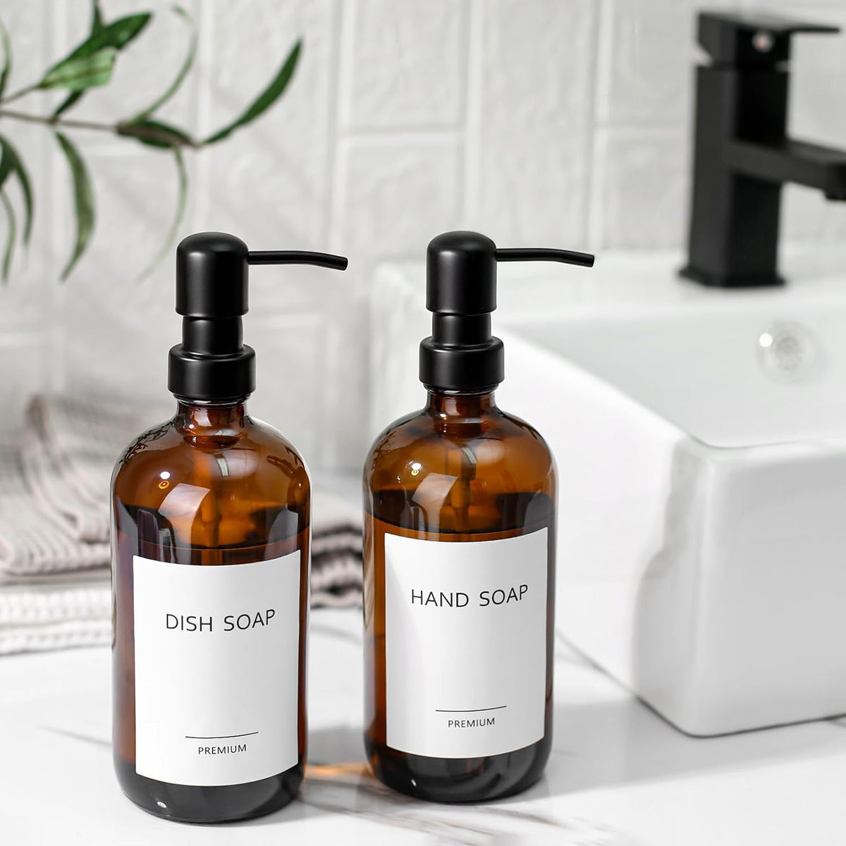 Cart In Mart 2 Pack Glass Soap Dispenser Amber Refillable Stainless Steel Pump & Labels