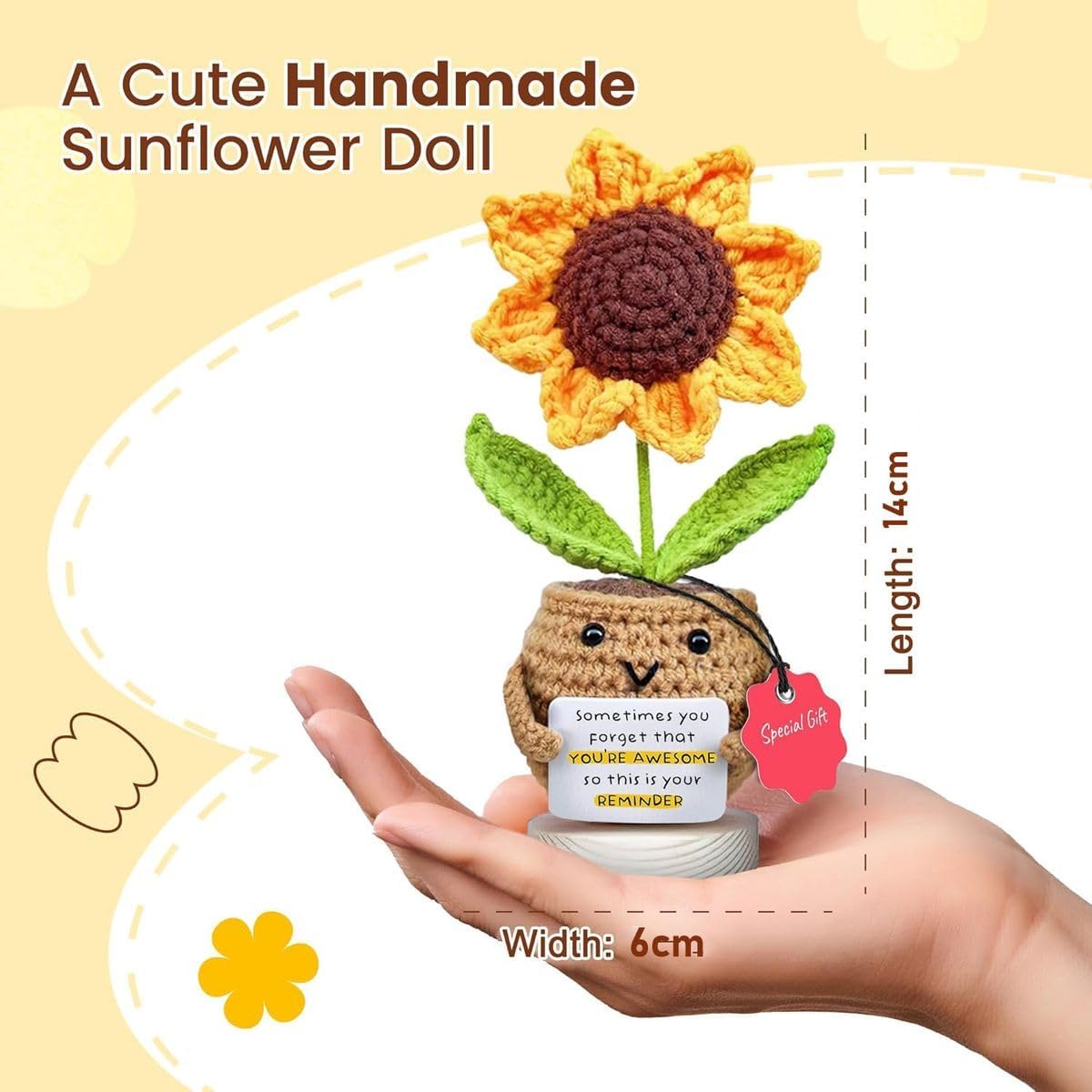 Cart In Mart 2 Pack Knitted Positive Sunflower Plush Soft Crochet Toy Desk Decor & Gift