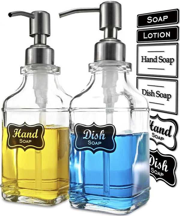 Cart in Mart 2 Pack Glass Soap Dispenser Clear Antique Design Silver Steel Pump & Labels