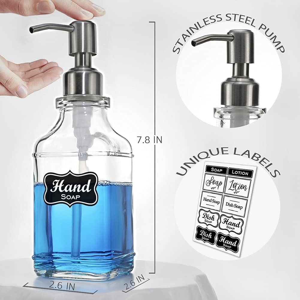 Cart In Mart 2 Pack Glass Soap Dispenser Clear Antique Design Silver Steel Pump & Labels