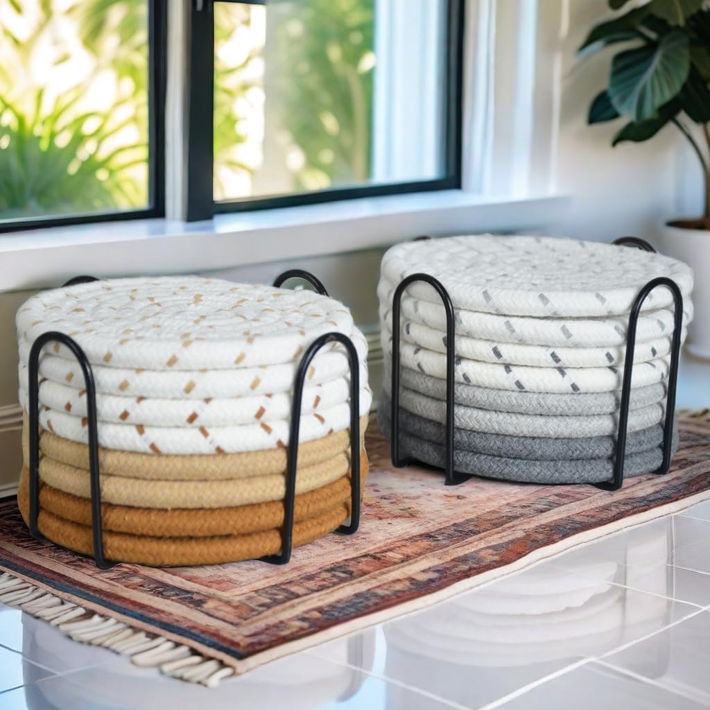Cart In Mart 8 Pack Cotton Drink Coasters With Holder For Drinks Cups Hand Woven - Mixed Grey - 11 cm