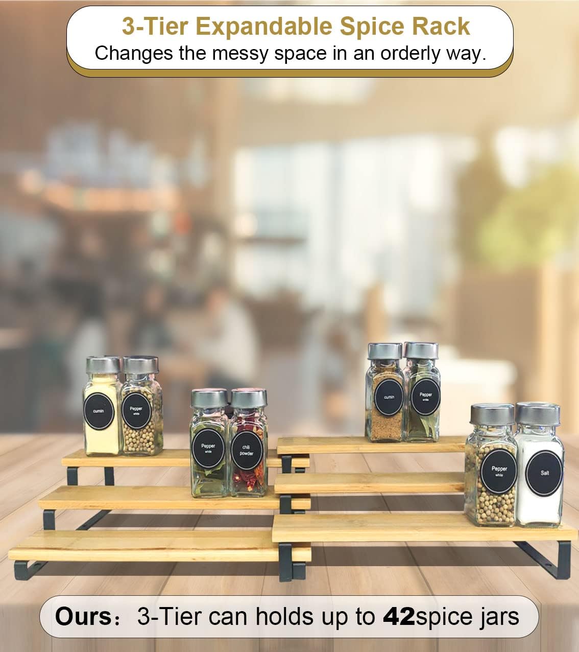 Cart In Mart 3 Tier Bamboo Expandable Spice Rack Organiser Display Riser Stand Shelf