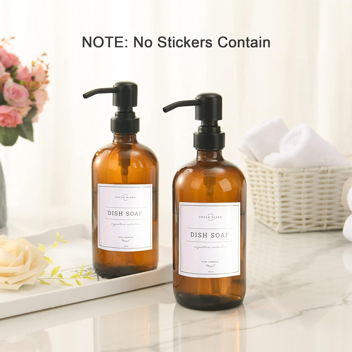 Cart In Mart 2 Pack Glass Soap Dispenser Amber Refillable Stainless Steel Pump & Labels