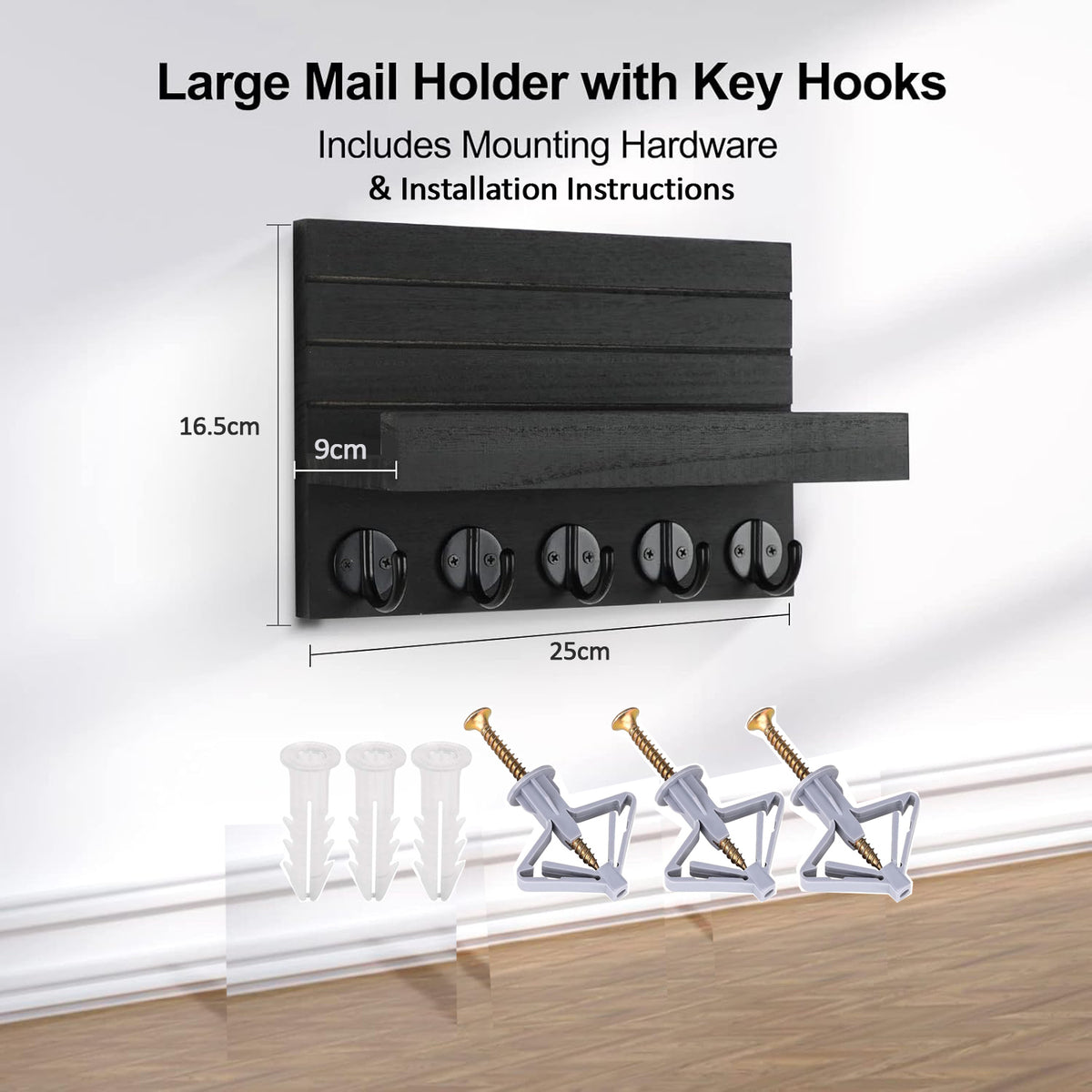 Cart In Mart Key Holder and 5 Sturdy Hooks Rack - Black