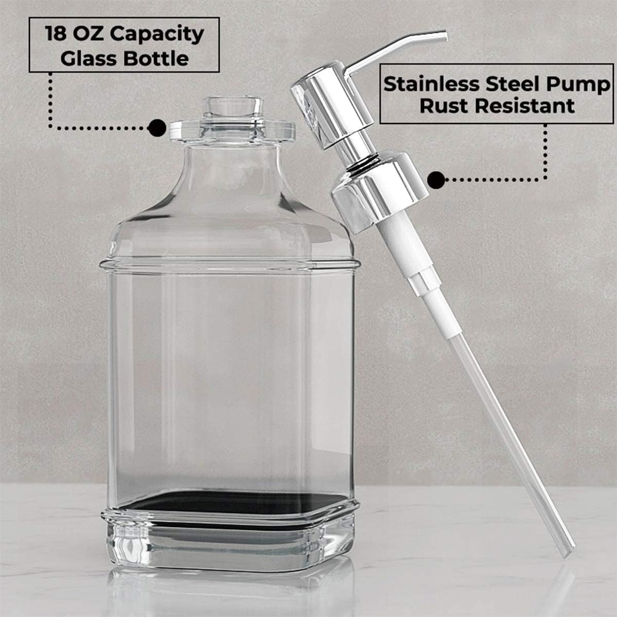 Cart In Mart 2 Pack Glass Soap Dispenser Clear Antique Design Silver Steel Pump & Labels