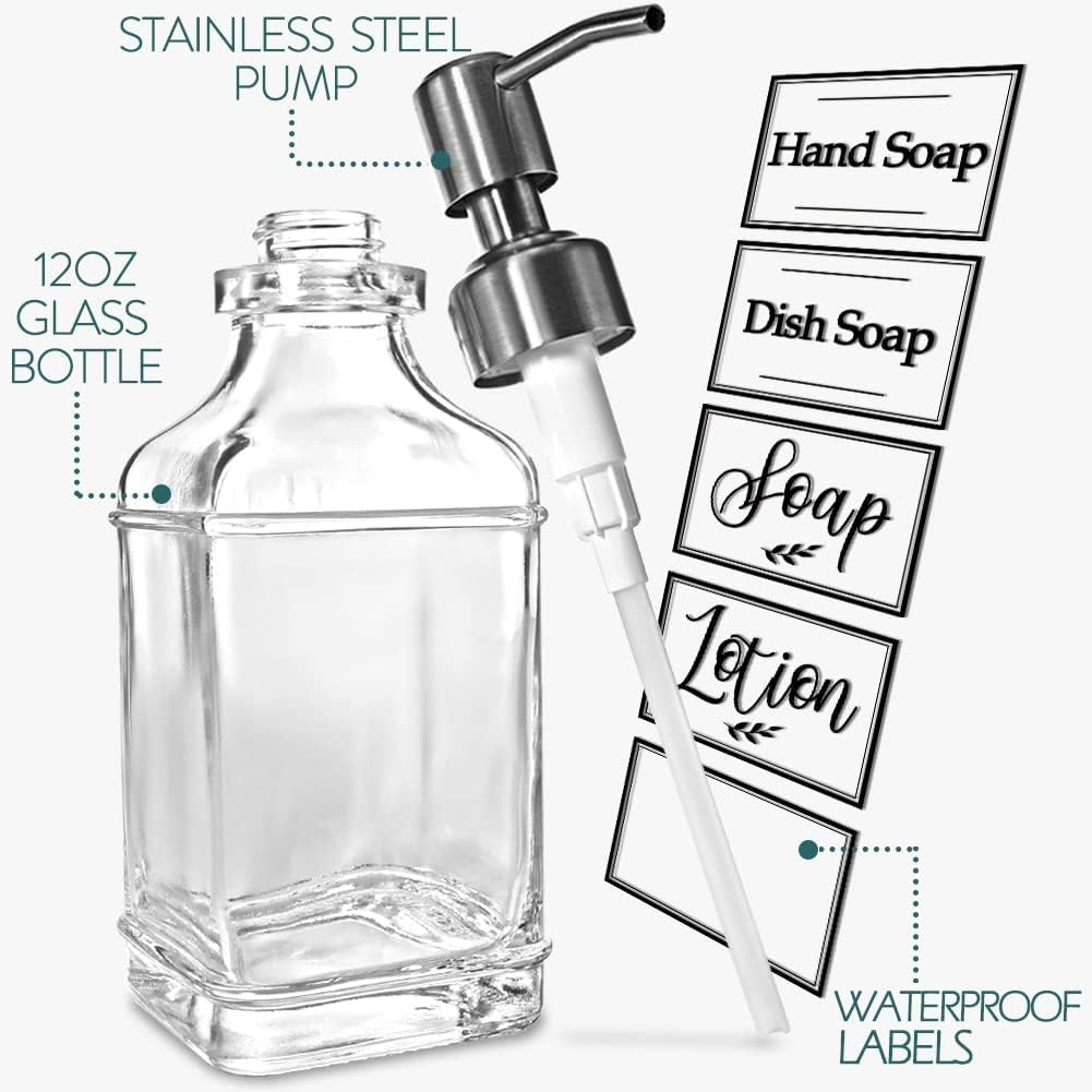 Cart In Mart 2 Pack Glass Soap Dispenser Clear Antique Design Silver Steel Pump & Labels