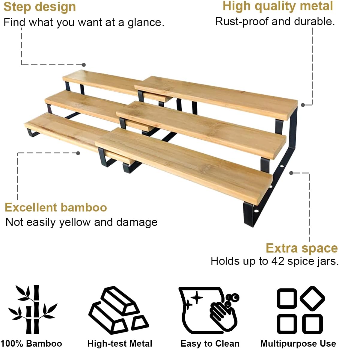 Cart In Mart 3 Tier Bamboo Expandable Spice Rack Organiser Display Riser Stand Shelf
