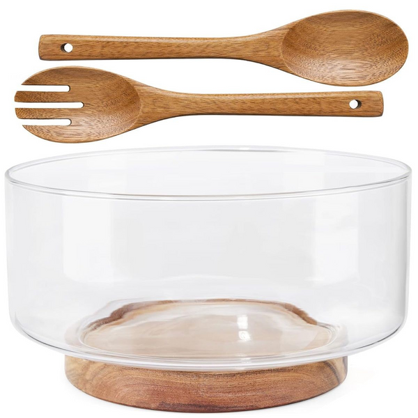 Cart In Mart Extra Large Glass Salad Bowl Set With Wood Base & Serving Utensils-Modern