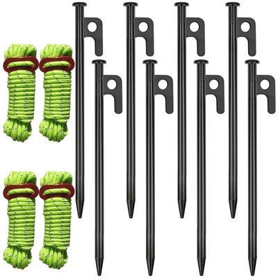 Cart In Mart 8 Pack Tent Stakes Heavy Duty 20cm Steel Pegs With 4 Ropes For Camping