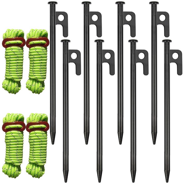 8 Pack Tent Stakes Heavy Duty 20cm Steel Pegs With 4 Ropes For Camping