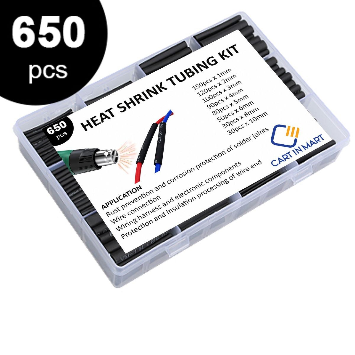 Cart In Mart 650 Piece Heat Shrink Tubing Kit- Wire Wrap Tube UL Ratio 2:1 Insulation