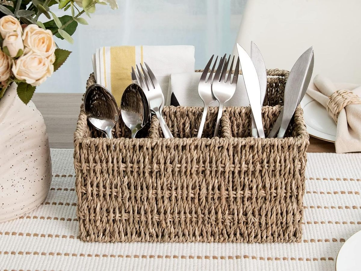 Cart in Mart Wicker Cutlery Holder With Handle Silverware Caddy Organiser For Tabletop - Seagrass