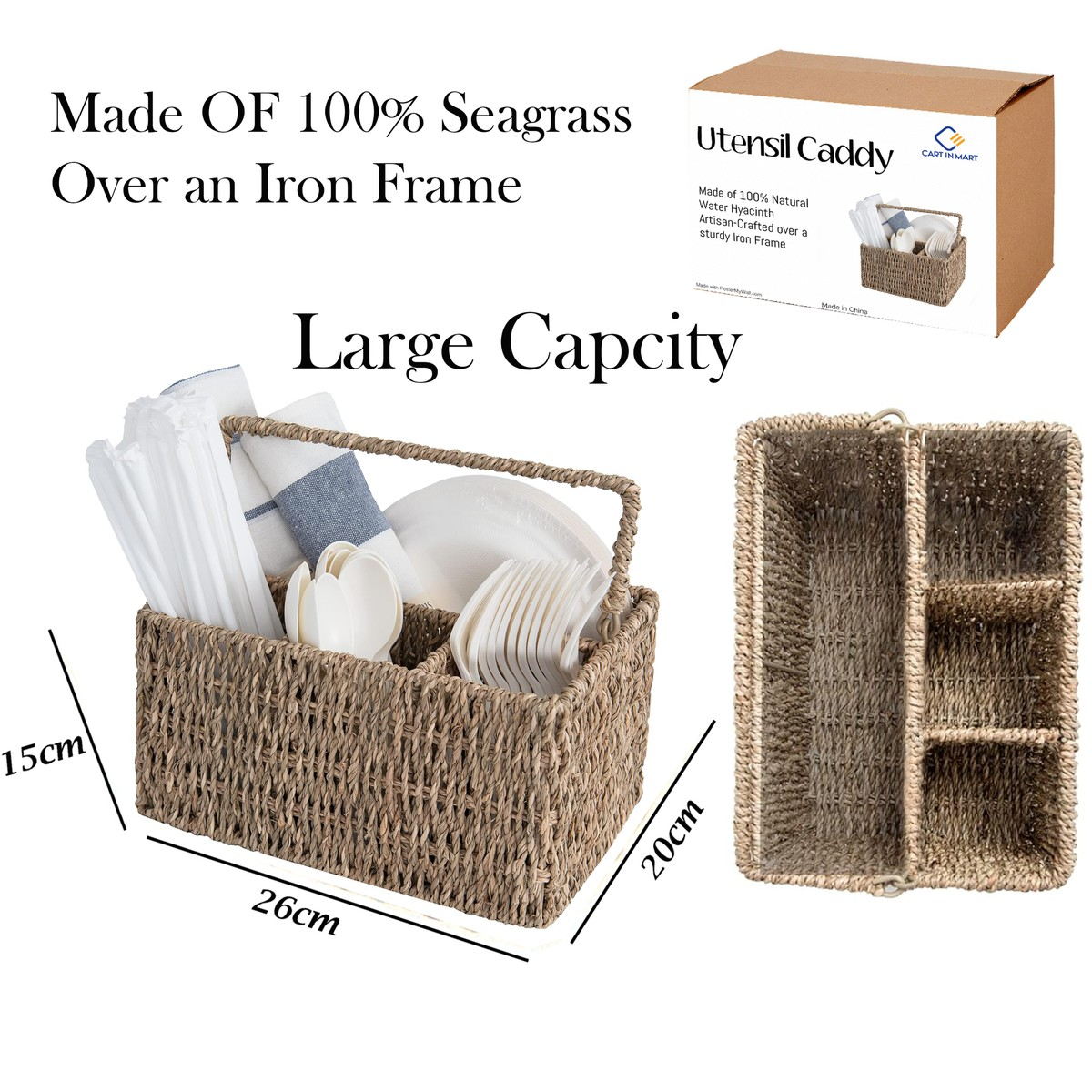Cart in Mart Wicker Cutlery Holder With Handle Silverware Caddy Organiser For Tabletop - Seagrass
