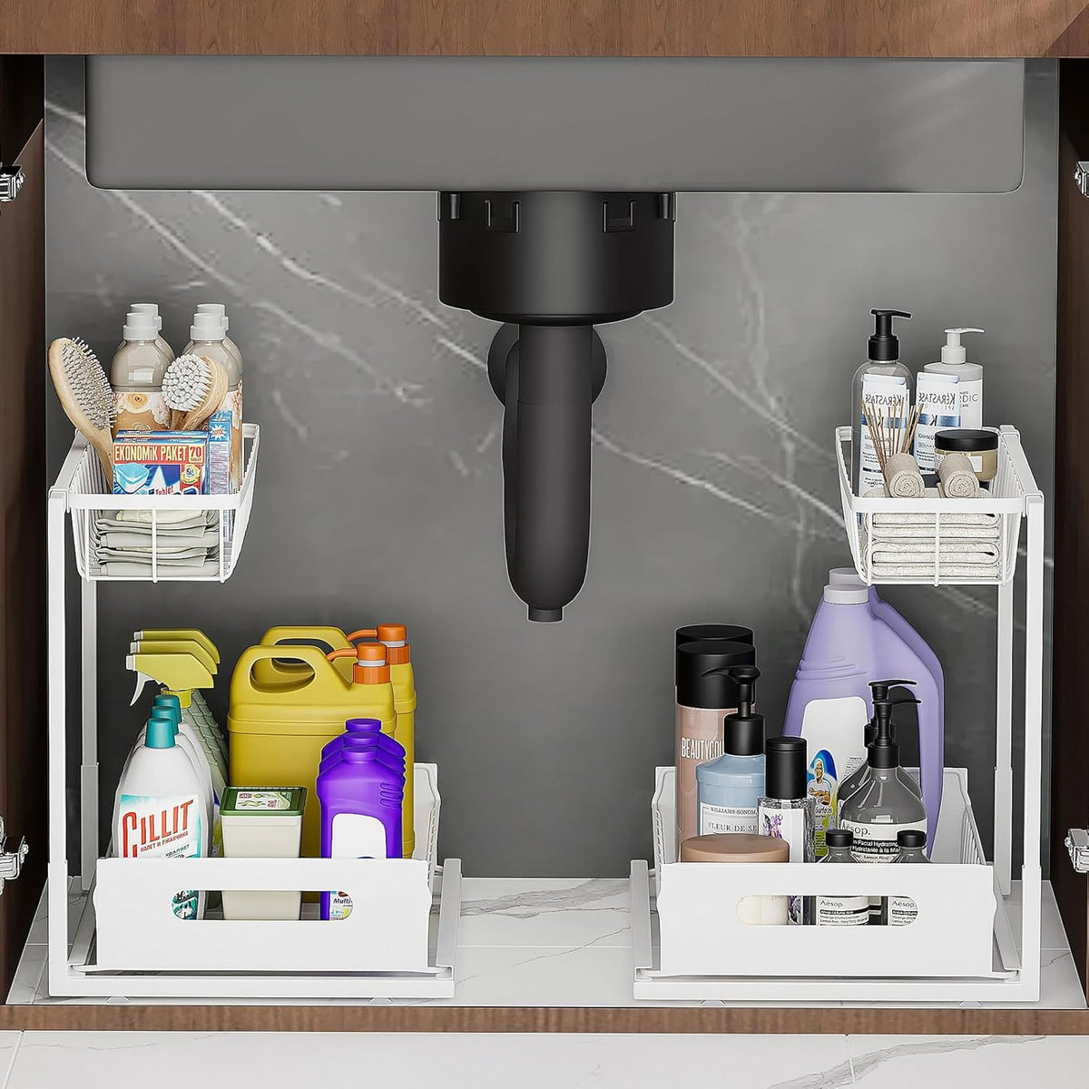 Cart In Mart 2-Pack Under Sink Organiser Kitchen Bathroom Pull Out Storage Shelves-White