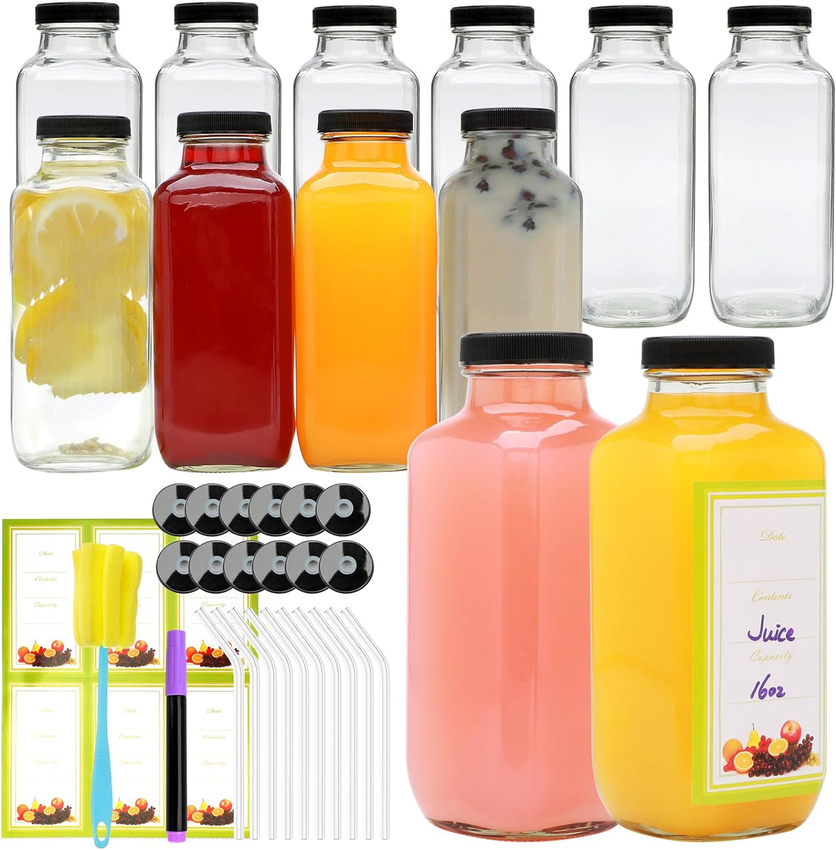 Cart In Mart 12 Pack Glass Juice Bottles With Lids 480ml Drinking Jars ,Glass Straws