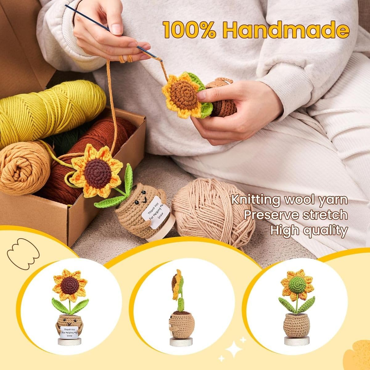 Cart In Mart 2 Pack Knitted Positive Sunflower Plush Soft Crochet Toy Desk Decor & Gift