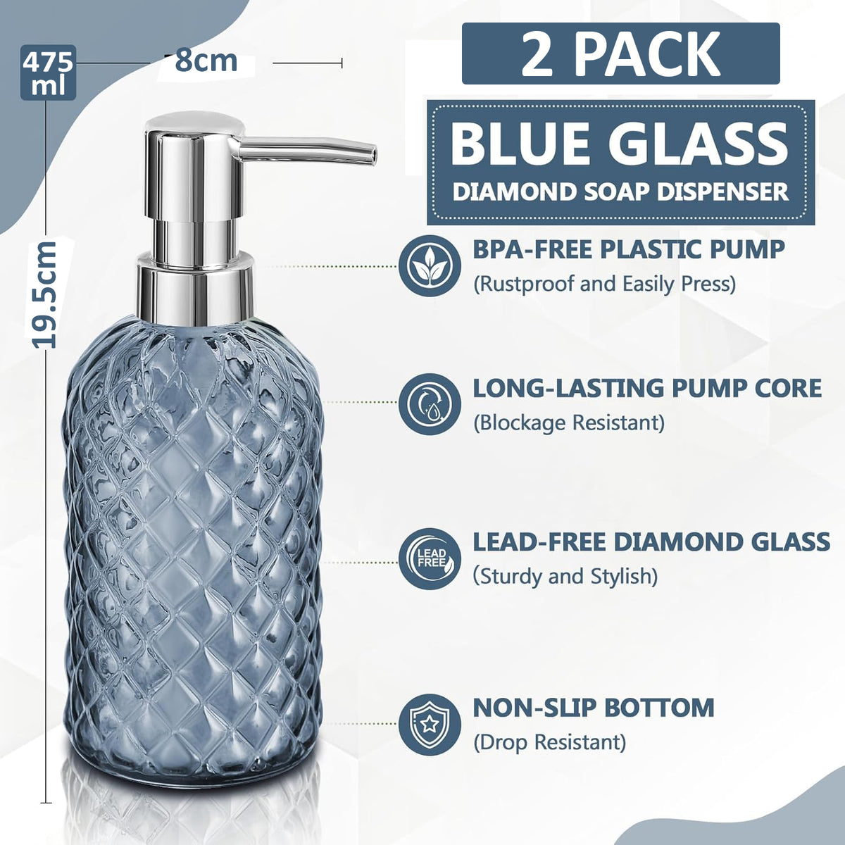 Cart In Mart 2-Pack Glass Hand Soap Dispenser Lotion Refillable Stainless Steel Pump