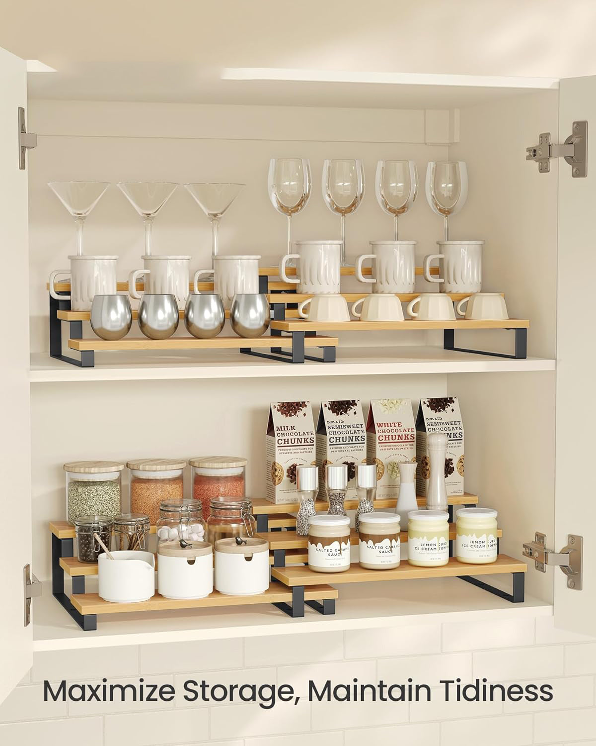Cart In Mart 3 Tier Bamboo Expandable Spice Rack Organiser Display Riser Stand Shelf