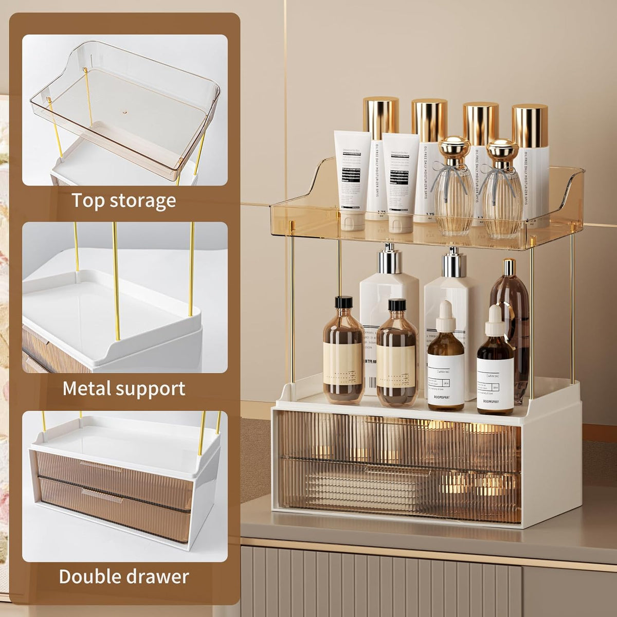 Cart In Mart 2-Tier 2-Drawer Bathroom Organiser Countertop Multi-Purpose Makeup Storage