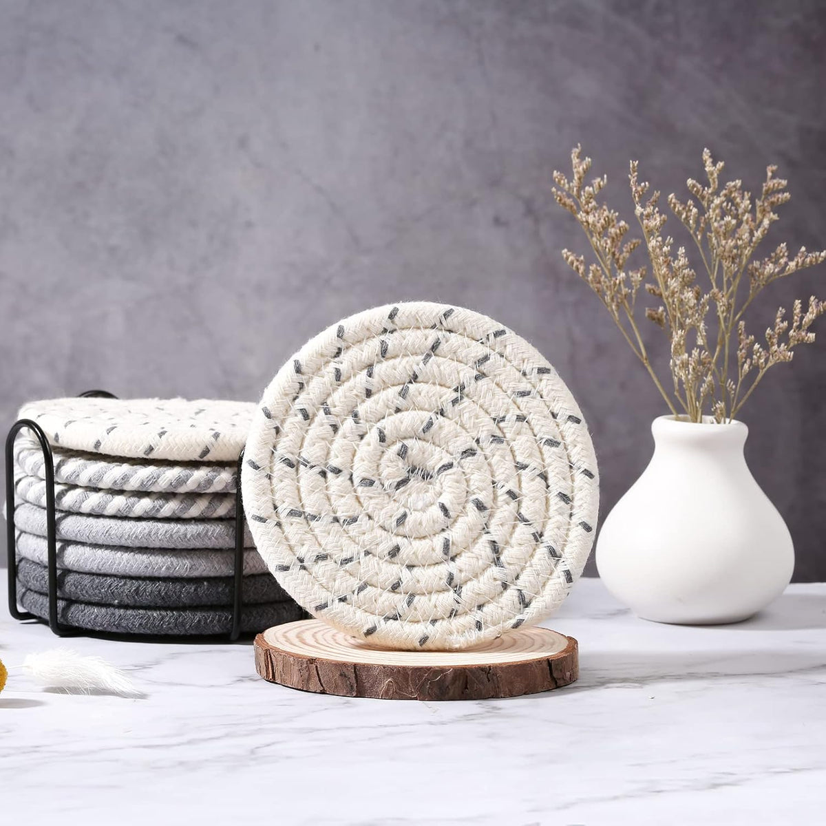 Cart In Mart 8 Pack Cotton Drink Coasters With Holder For Drinks Cups Hand Woven - Mixed Grey - 11 cm