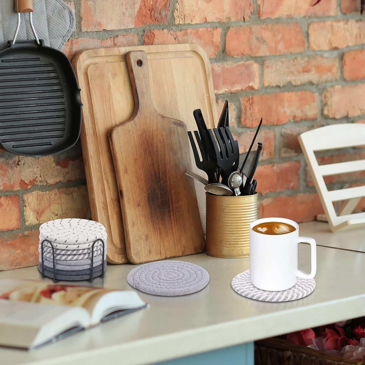 Cart In Mart 8 Pack Cotton Drink Coasters With Holder For Drinks Cups Hand Woven - Mixed Grey - 11 cm