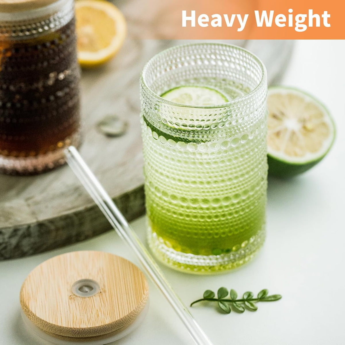 Cart In Mart Vintage Hobnail Drinking Glasses with Bamboo Lid & Glass Straw - 500ml - 4 Pack
