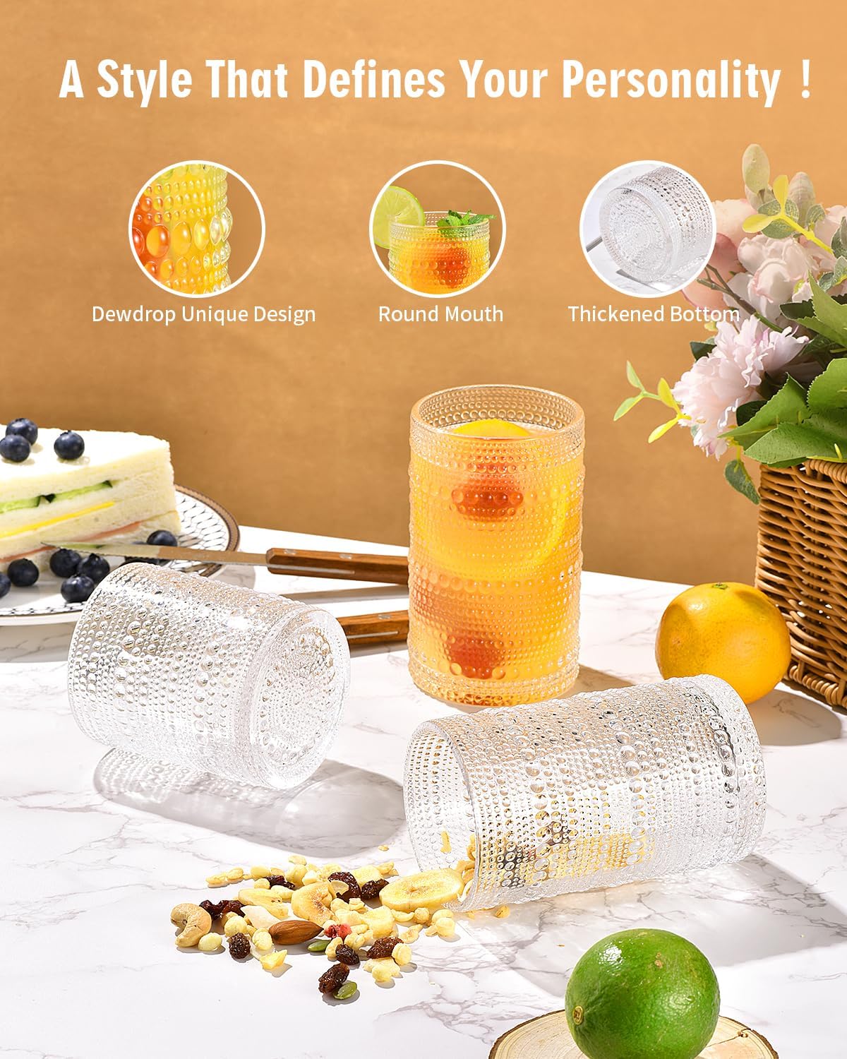 Cart In Mart Vintage Hobnail Drinking Glasses For Wine Cocktail Glassware - Set of 8