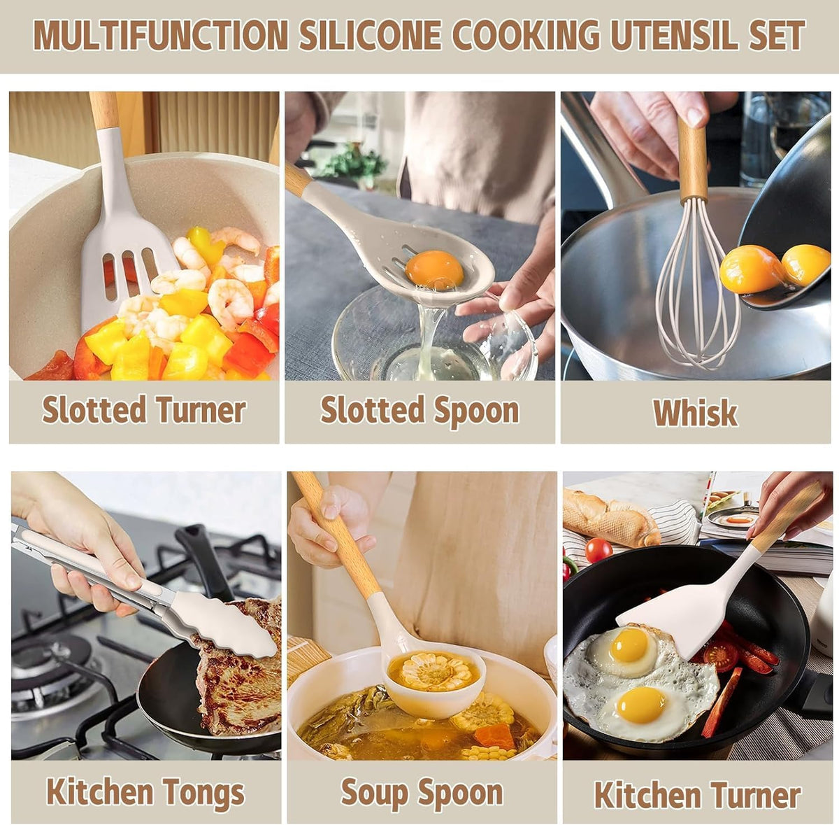 Cart In Mart 33 Piece Silicone Cooking Kitchen Utensils Spatula Tools Set - Khaki