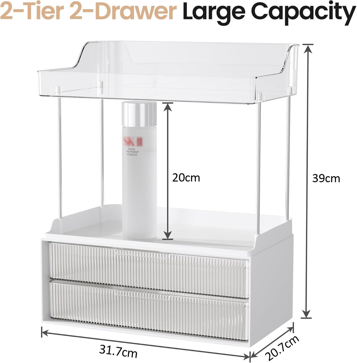 Cart In Mart 2-Tier 2-Drawer Bathroom Organiser Countertop Multi-Purpose Makeup Storage-Clear