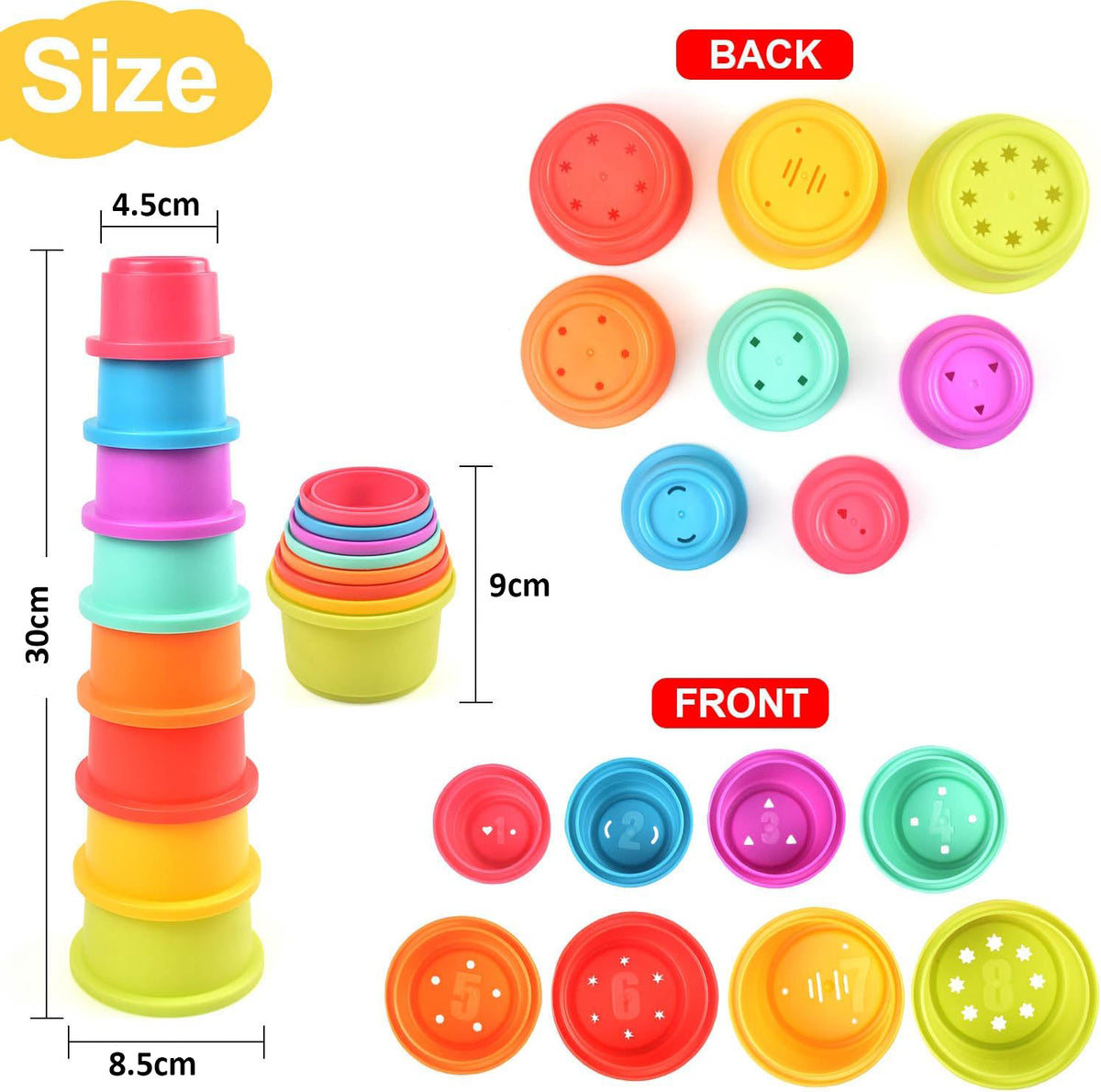 Cart in Mart 8 Pack Baby Stack & Count Stacking Cups Bath Montessori Educational Toy