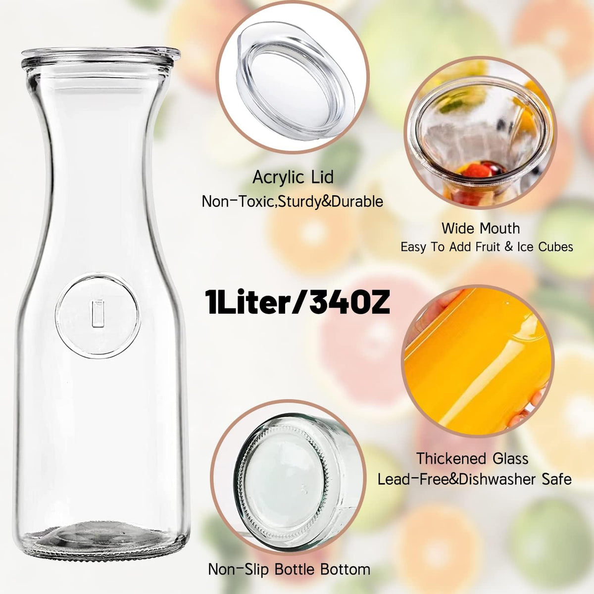 Cart In Mart 4 Pack Clear Glass Carafe With Lid (1L)Tags,Marker-Bar Serveware Pitcher